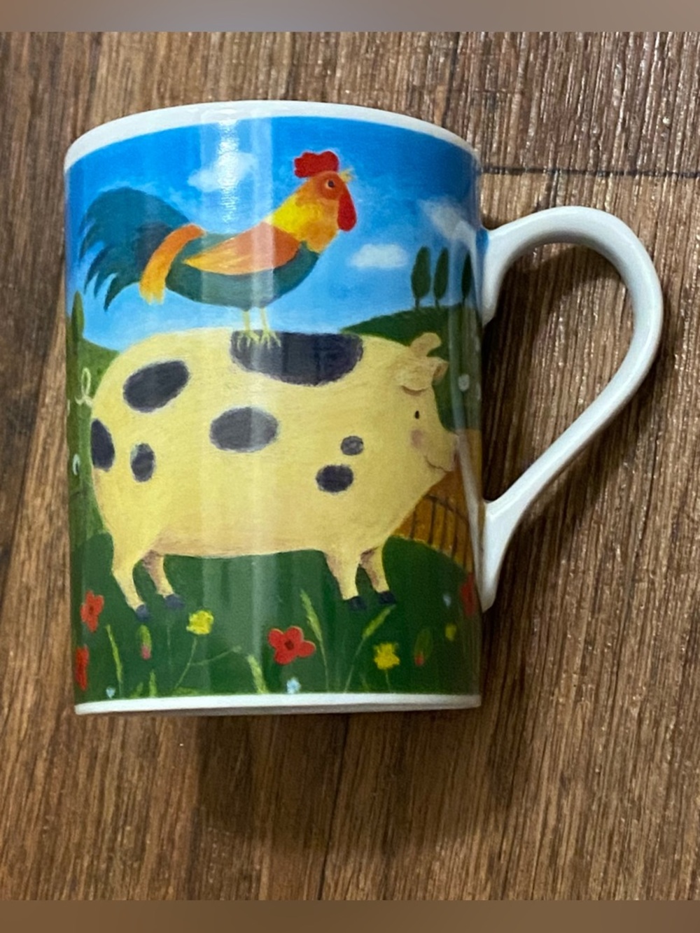 Department 56 Coffee Mug Cup Green Acres Judith Glover Rooster On Pig Farm 4”H